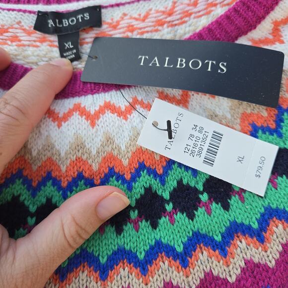 Talbots Womens XL Sweater Cream Fair Isle Pink Blue Wool Nylon 3/4 Sleeve - Picture 8 of 9